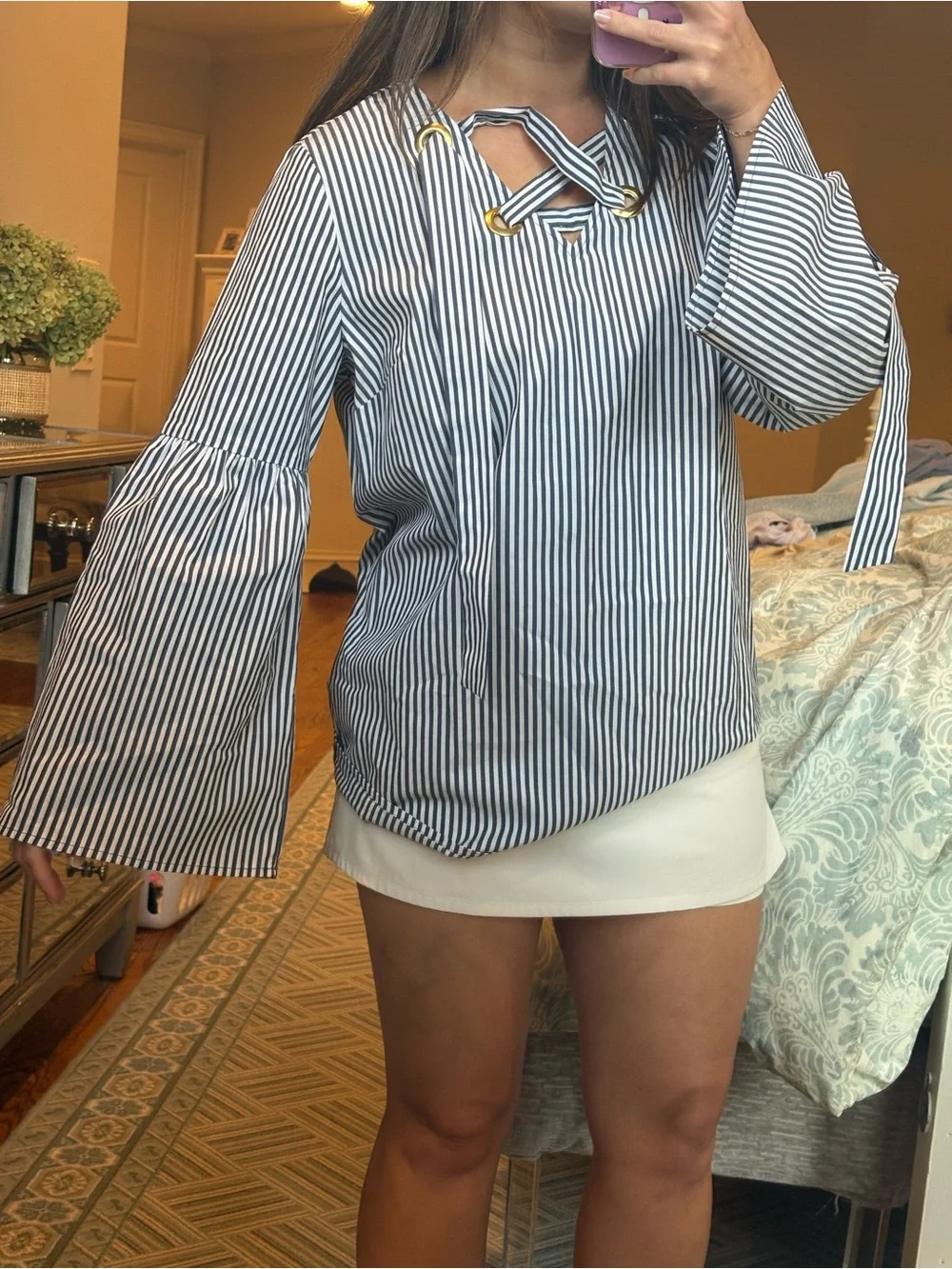 Michael Kors Navy & White Striped Lace-Up Bell Sleeve Blouse